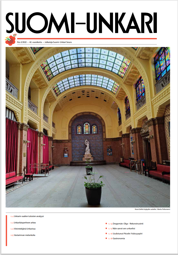 Suomi-Unkari -lehden nro 2 / 2022 kansikuva - Hotel Gellértin aulatila